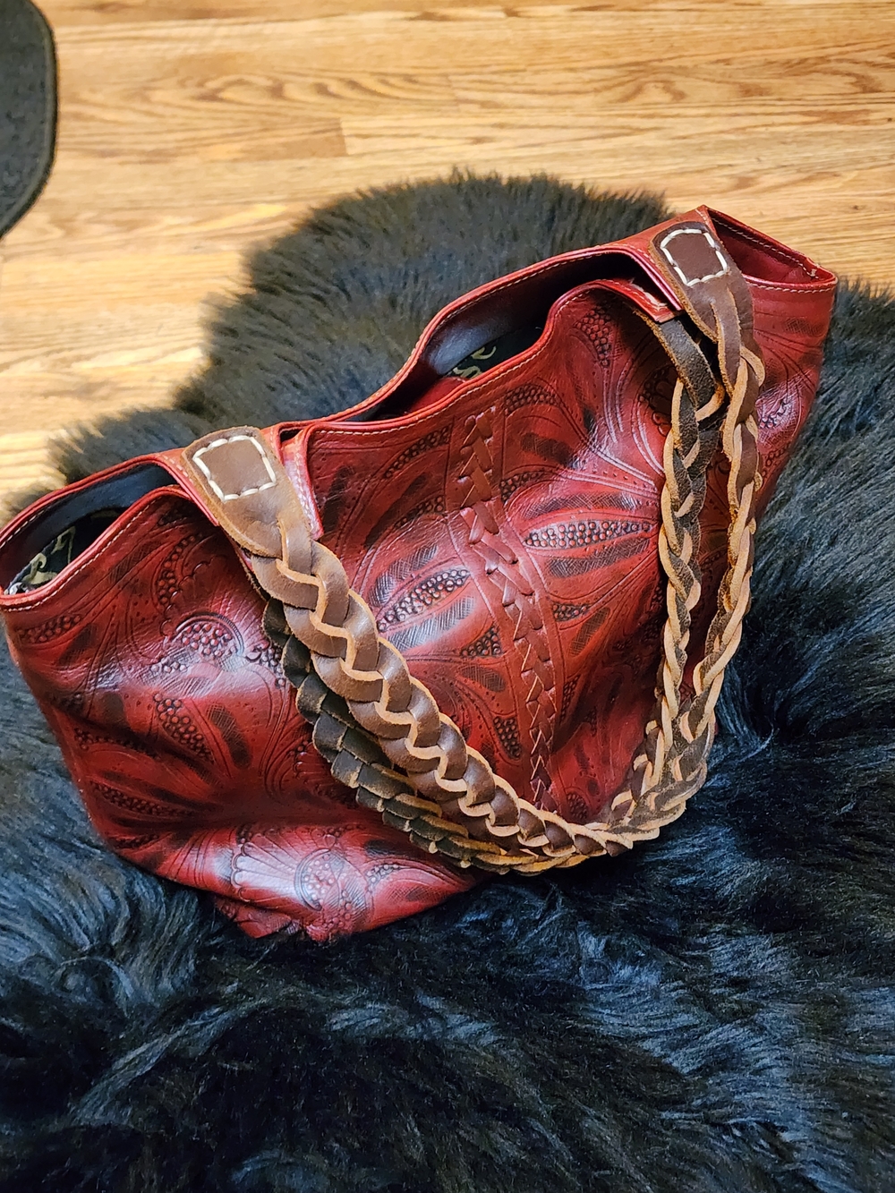 Burgundy/Red Paisley Textured Tooled Leather Tote Bag with Brown Braided Straps
